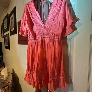 Coral Dress with Lace Trim